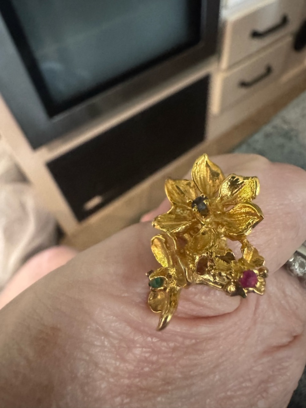 14k Gold Flower Ring Featuring a Ruby, Emerald, Blue Sapphire